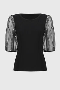 Joseph Ribkoff - Stasia Silky Knit Top With Embellished Mesh Sleeves