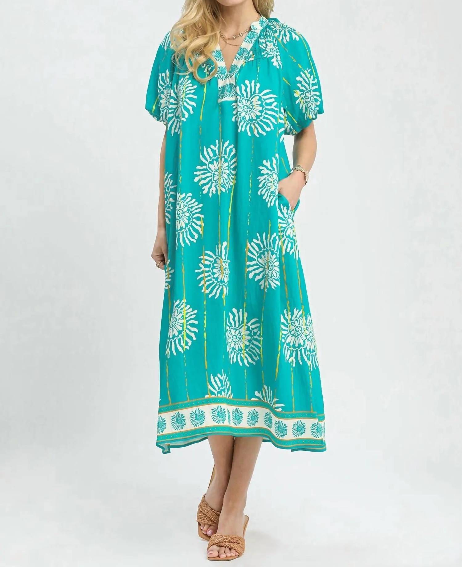 Umgee - Collar Smocked V Neck Midi Dress