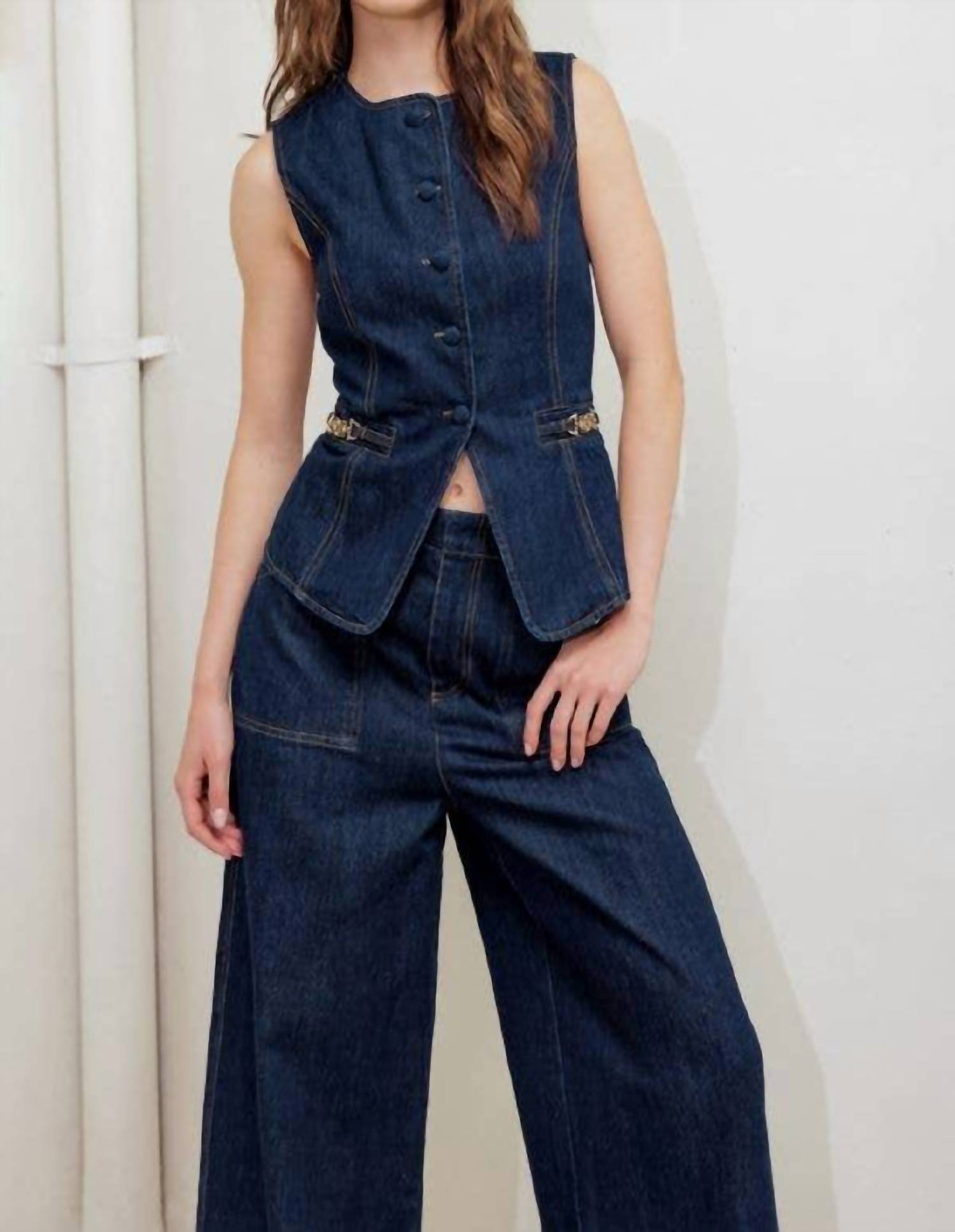 FLYING TOMATO Denim Sleeveless Vest in dark denim - women's jacket - detail view
