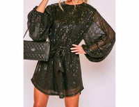 Vine & Love - Shimmer Balloon Sleeve Belted Mini Dress