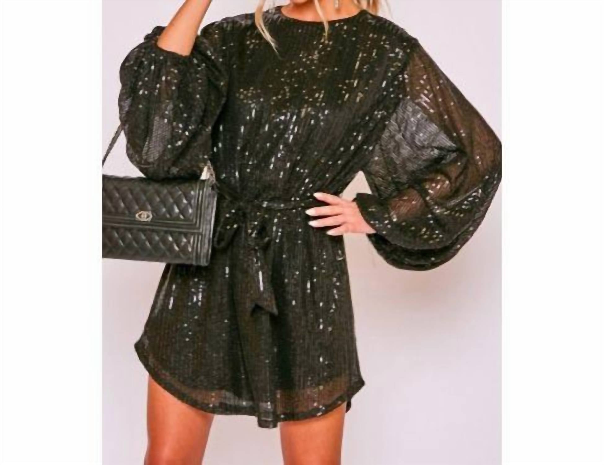 Vine & Love - Shimmer Balloon Sleeve Belted Mini Dress
