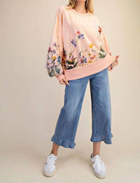 Easel - Floral Printed Terry Knit Pullover Top
