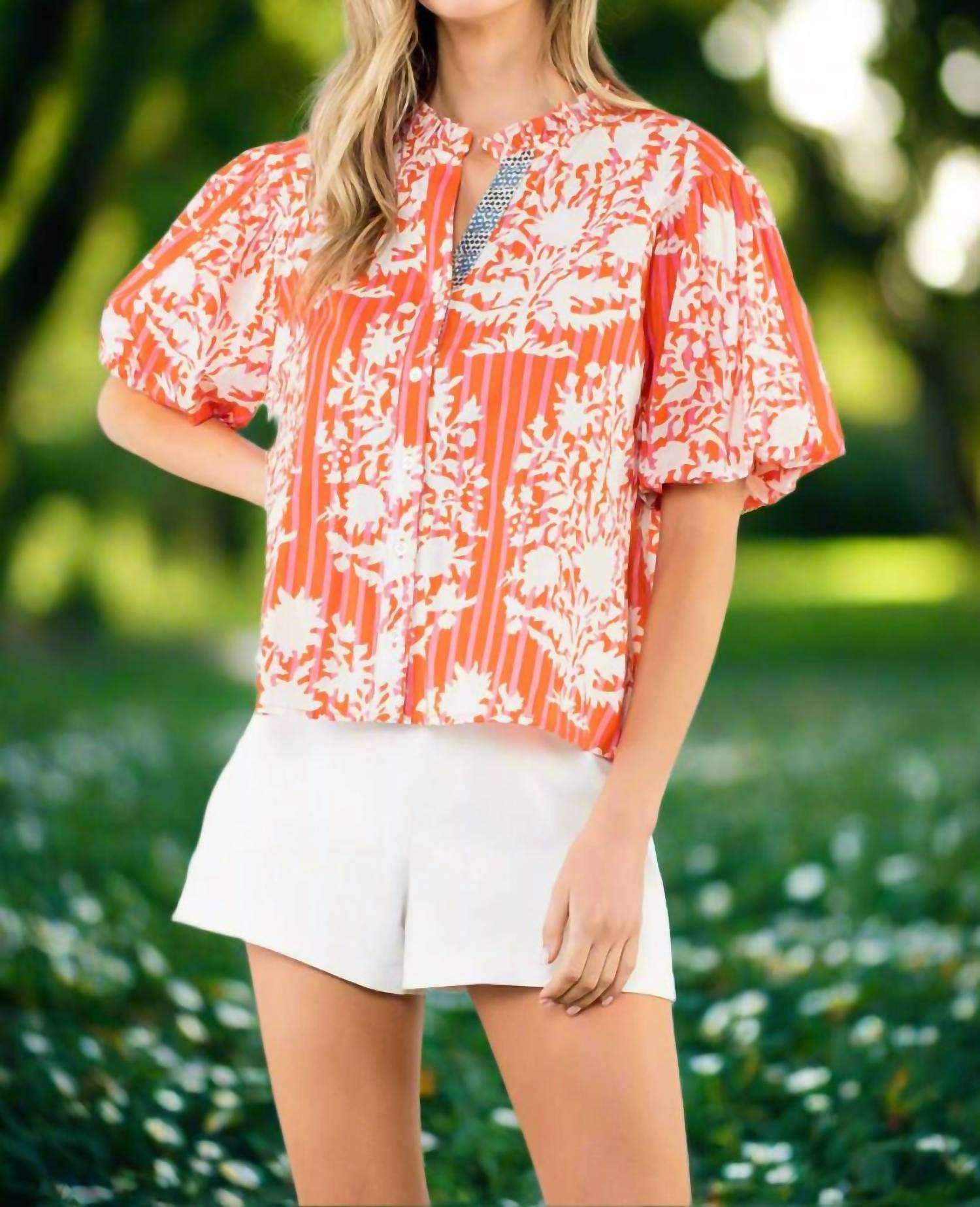 Thml - Botanical Stripe Puff Sleeve Blouse