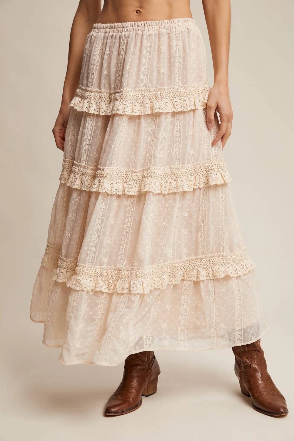Listicle - Embroidered Lace Tiered Maxi Skirt