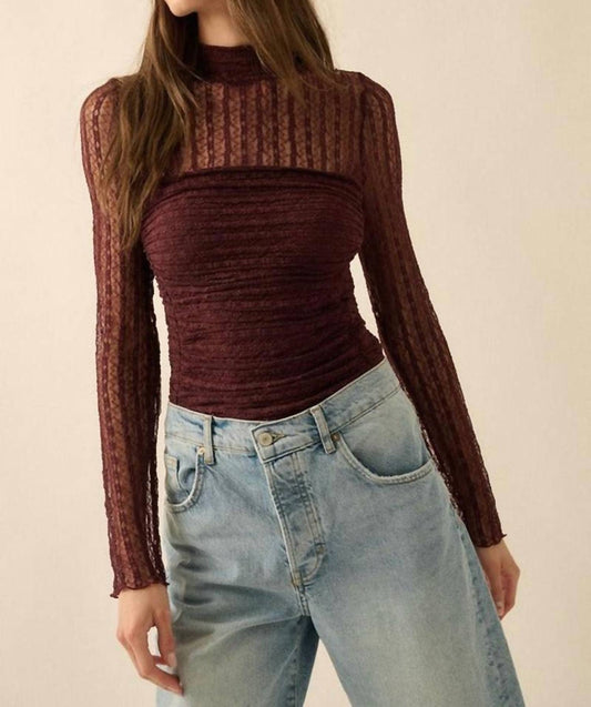 Promesa - Striped Floral Lace Ruched Mock-Neck Bodysuit