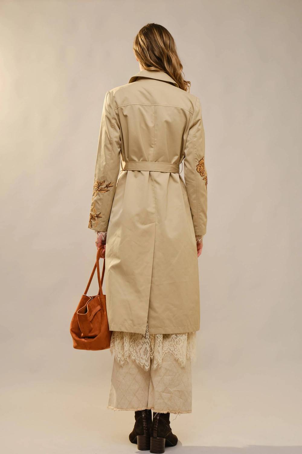 Blue B - Women's Floral Embroidered Double Breasted Belted Trench Coat