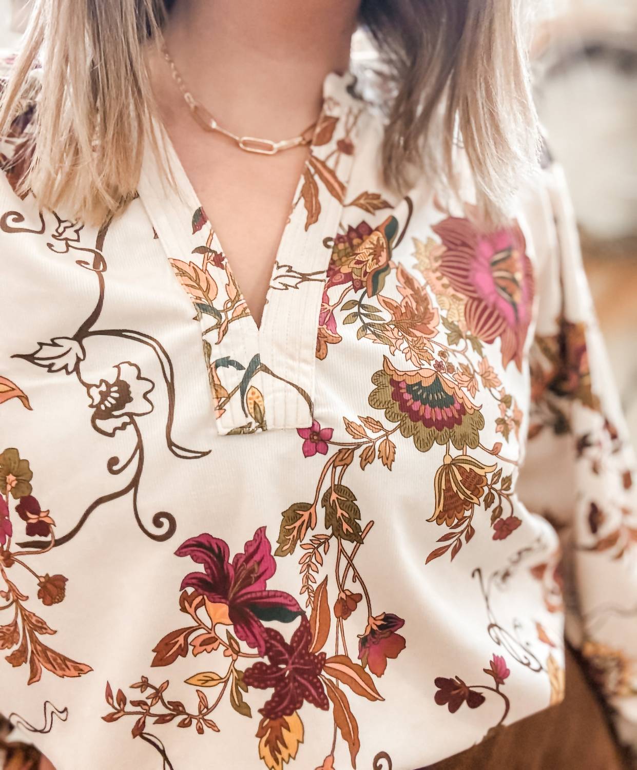 current air Floral V-Neck Long Sleeve Blouse in beige - women's blouse - detail view