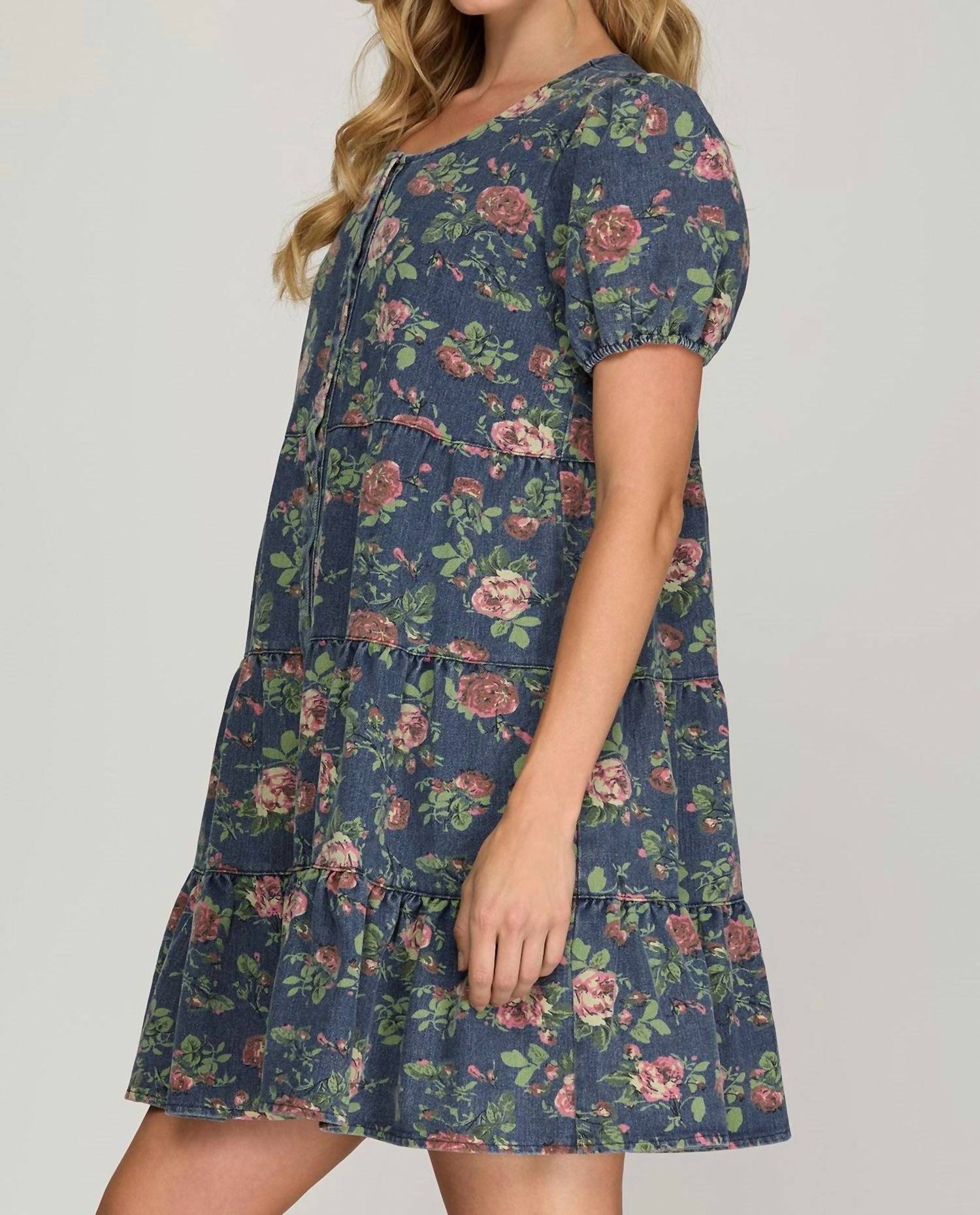 She + Sky - Puff Sleeve Button Down Tiered Print Denim Dress