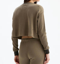 CHRLDR Juliette Stars Oversized Crop Henley Long Sleeve Top in olive - women's long sleeve top - alternate view