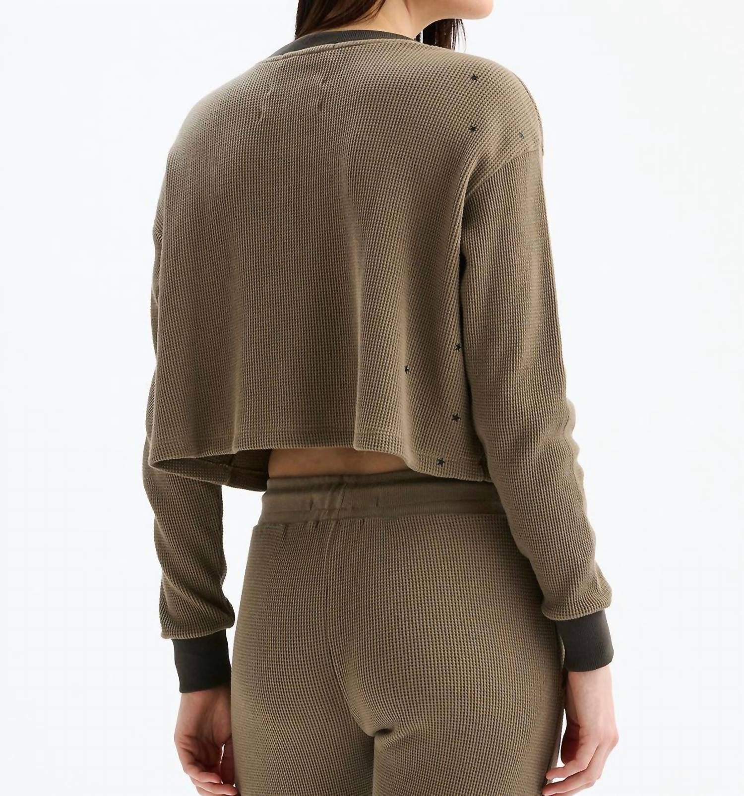 CHRLDR Juliette Stars Oversized Crop Henley Long Sleeve Top in olive - women's long sleeve top - alternate view