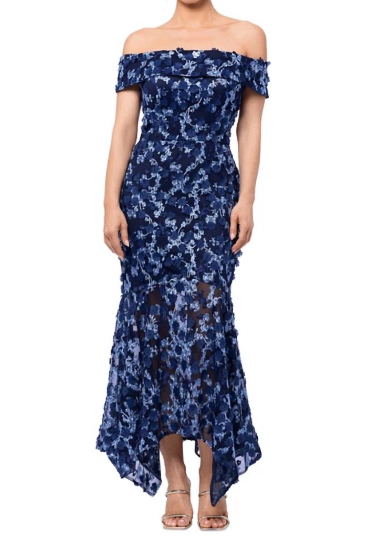 Xscape - Off-the-shoulder Embroidered 3d Floral Lace Midi Dress