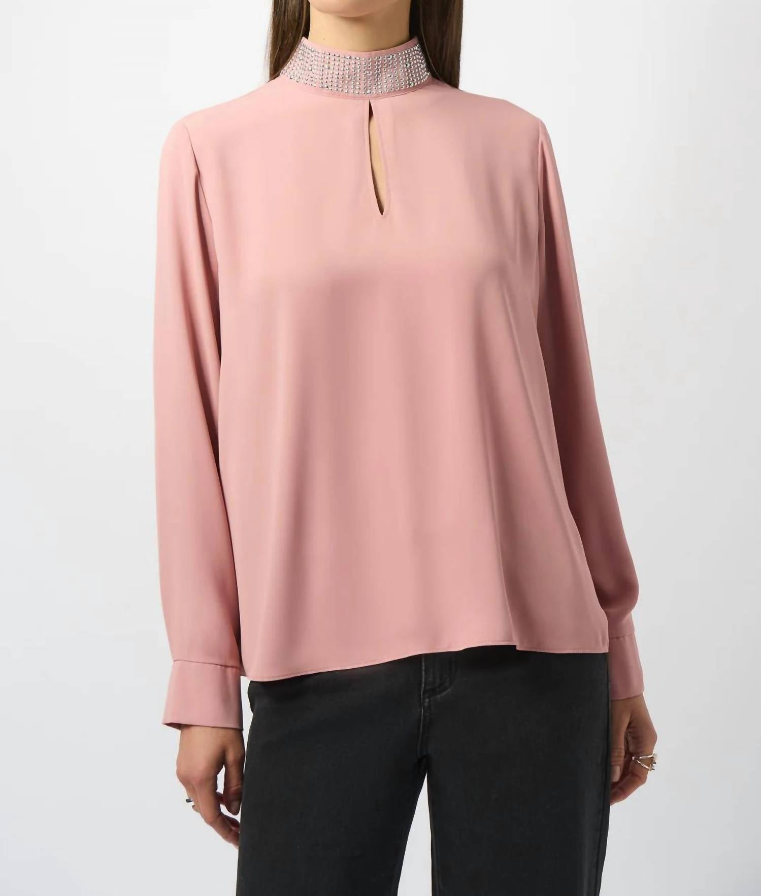 Joseph Ribkoff Embellished Mock Collar Long Sleeve Top in antique rose - women's blouse