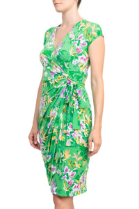 Maggy London - V-neck Tie Waist Gathered Side Floral Print Jersey Dress
