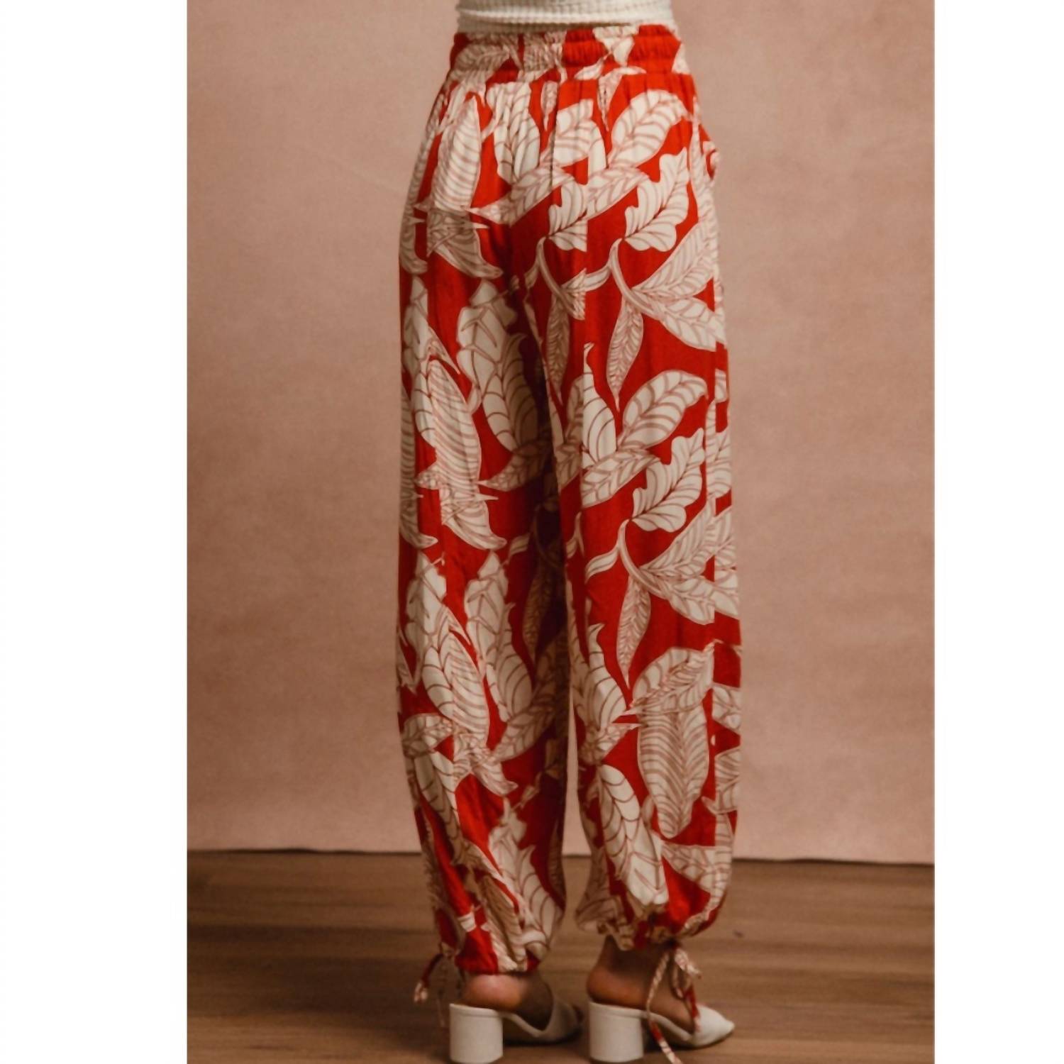 BiBi Woven Printed Balloon Pants With Drawstring in rust - women's pants - detail view