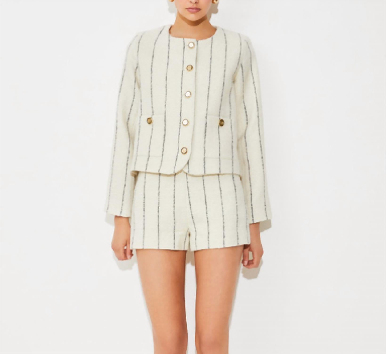 Suncoo Diane Collarless Striped Button Up Jacket in white and black - women's jacket