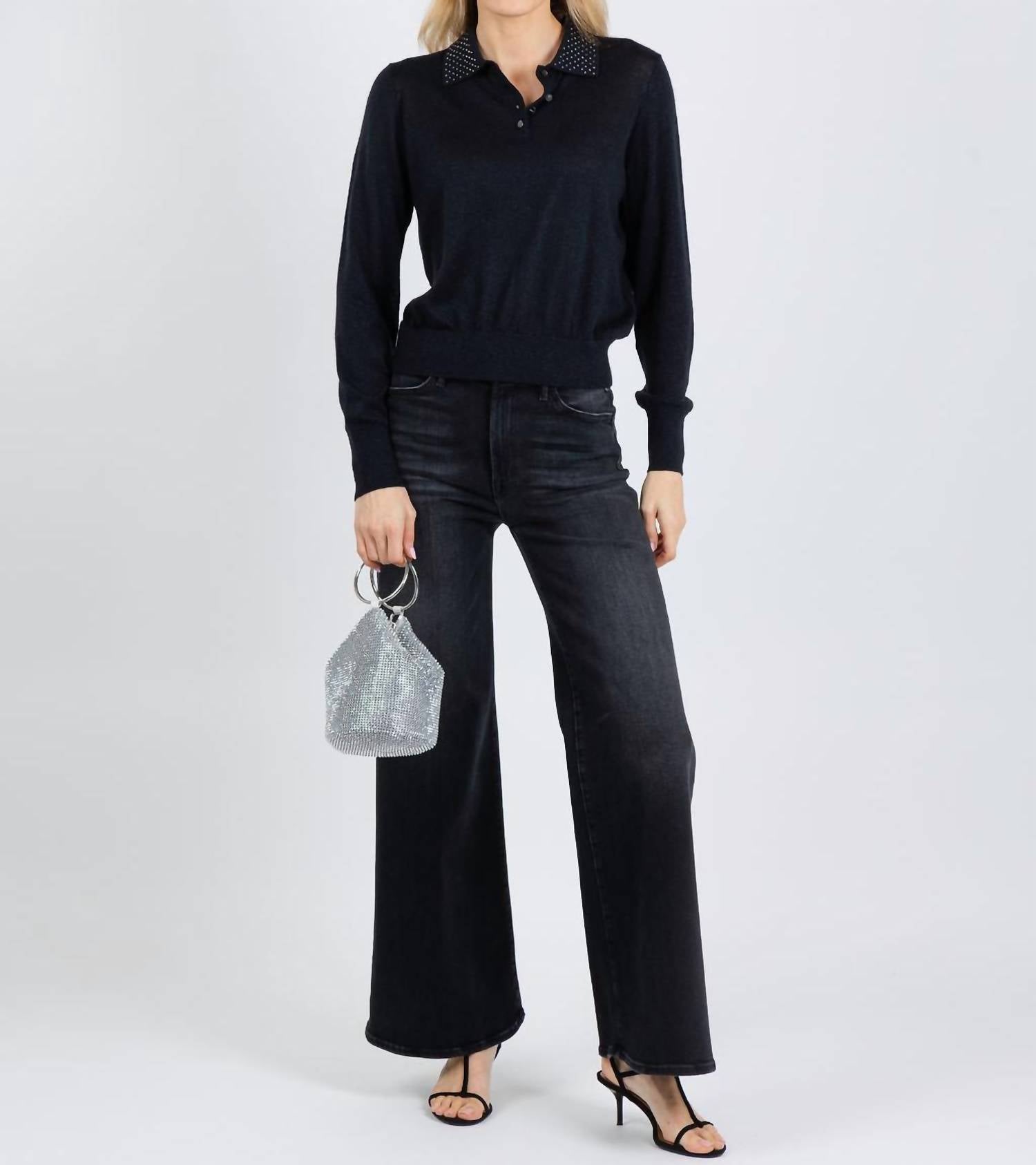 Autumn Cashmere Rhinestone Cashmere Polo Sweater in black - women's long sleeve top - view 5