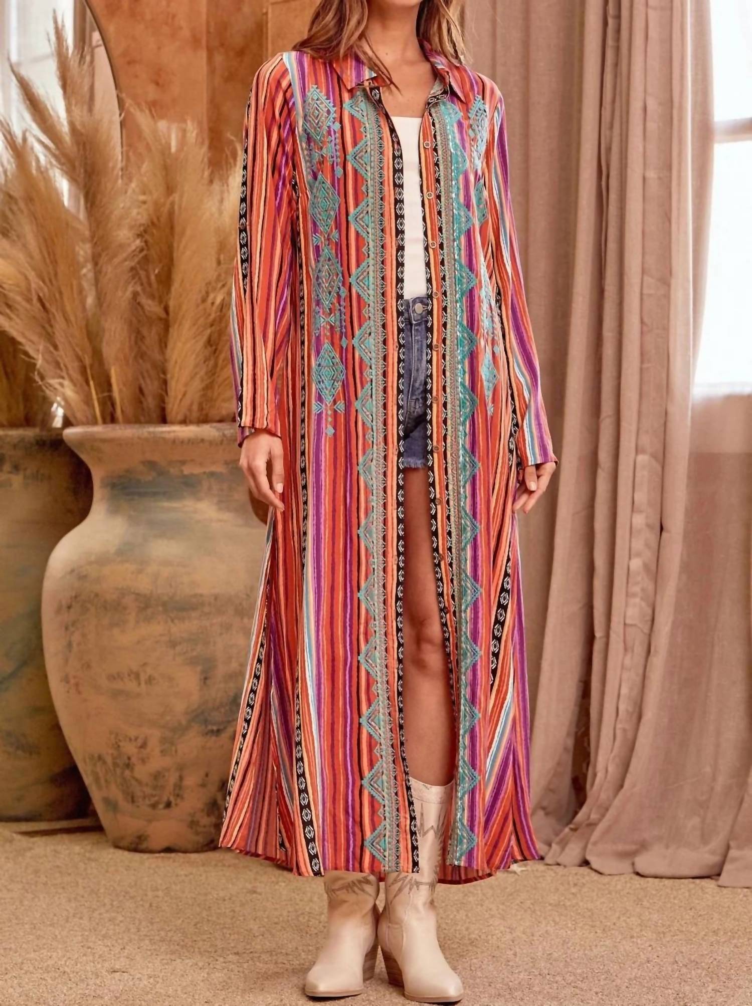 Andree By Unit - Embroidered Striped Duster Midi Dress