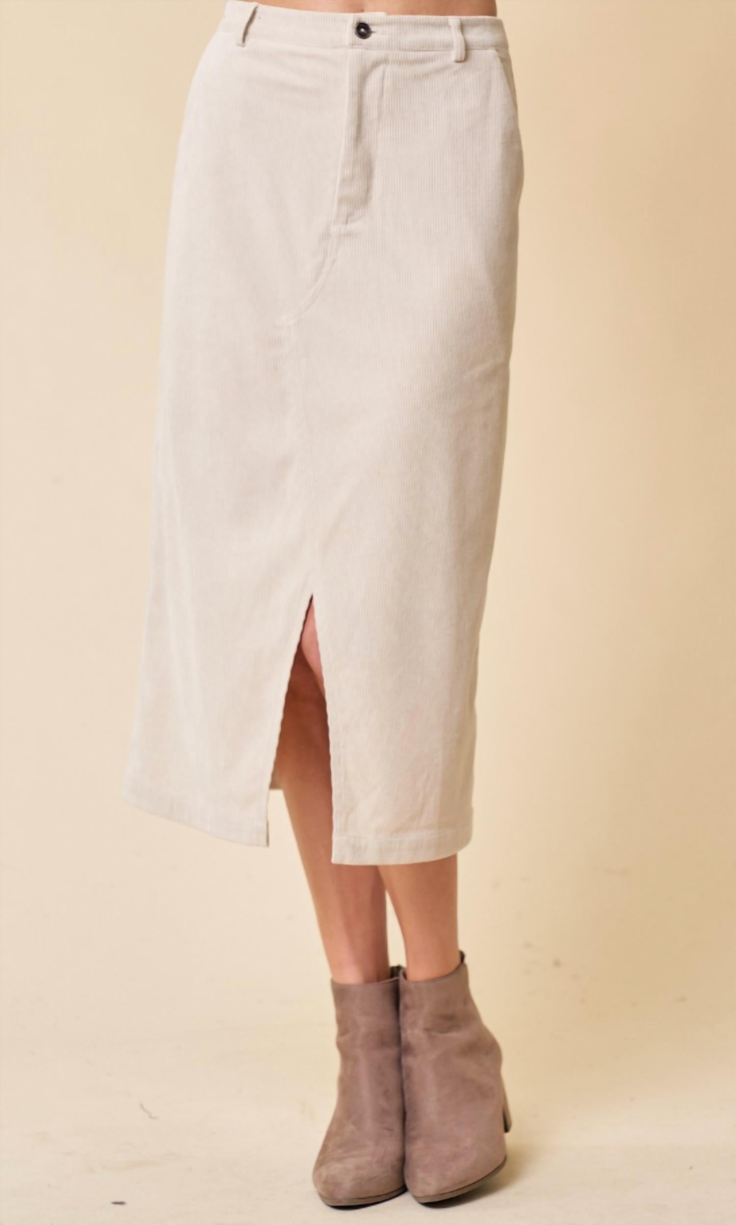 Doe And Rae - Corduroy Front Zip-up Midi Skirt W/ Front Slit