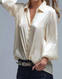 Q2 Elegant Button Up Satin Silk Top in beige - women's long sleeve top - detail view