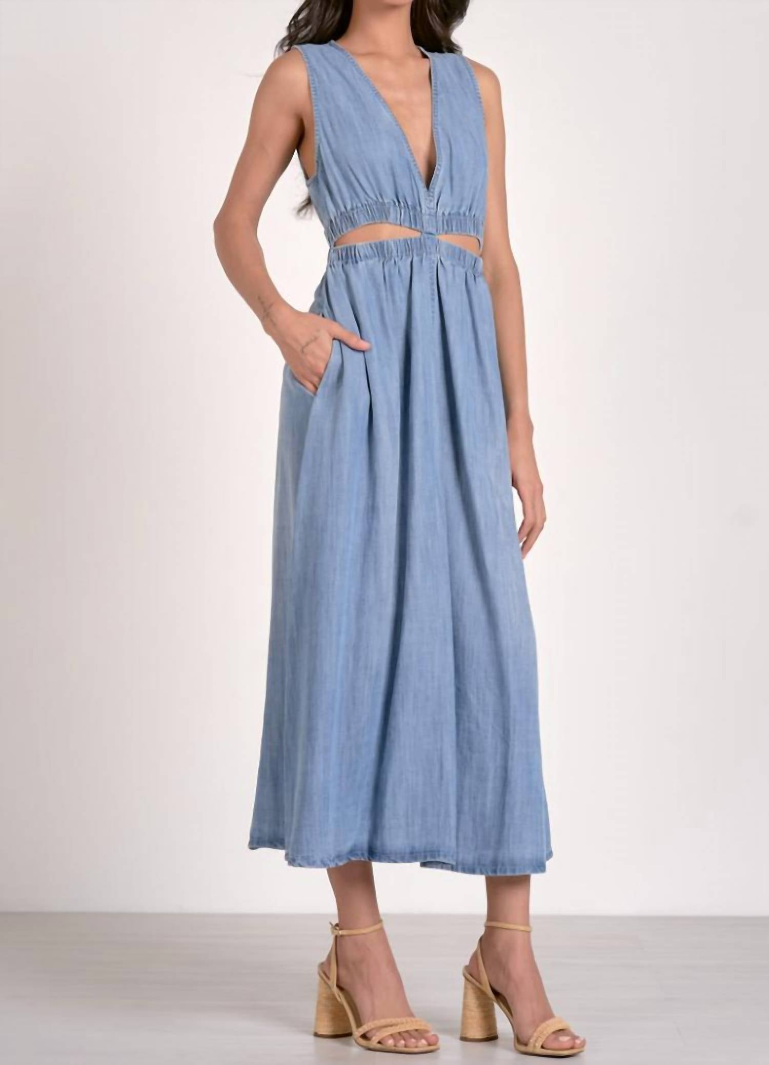Elan - Midi Sleeveless Cutout Denim Dress