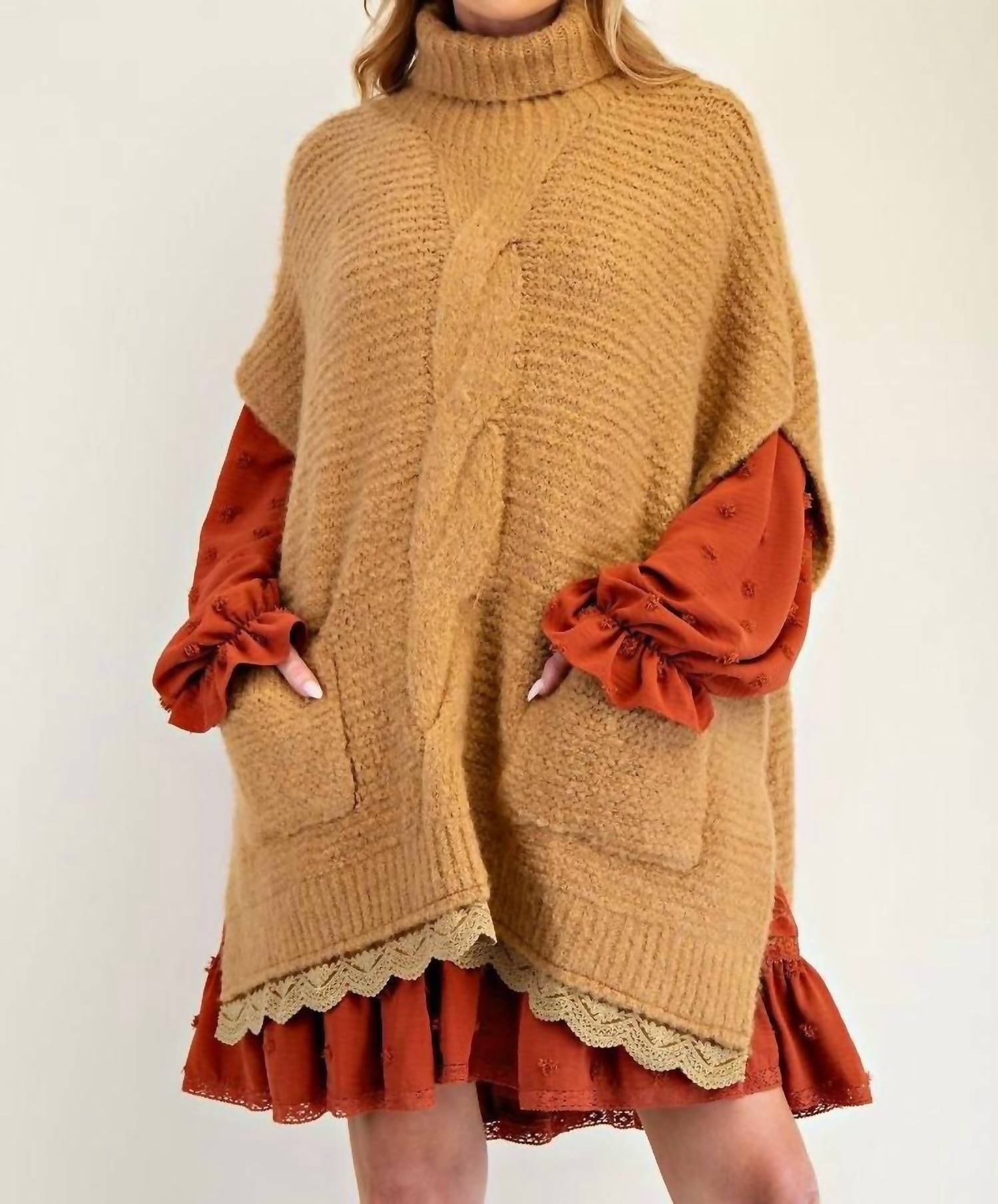 Little Secret Of Mine - Stuck On You Turtleneck Lace Bottom Knit Poncho