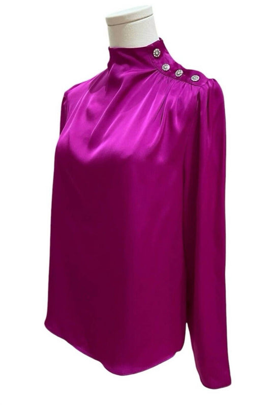 Joie - High Neck Satin Rhinestone Bling Buttons Top