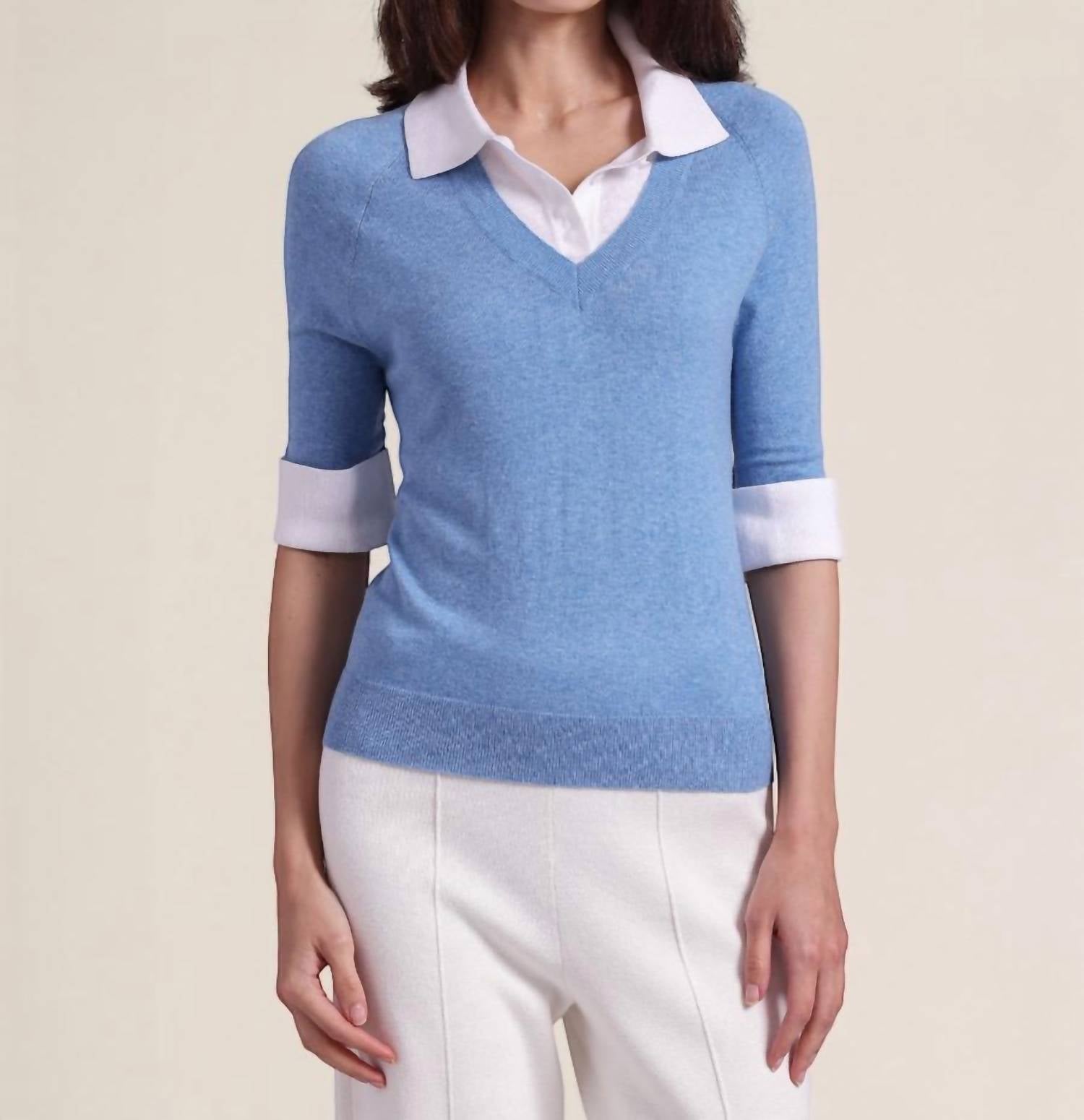 Minnie Rose - Short Sleeve V-neck With Collar Top