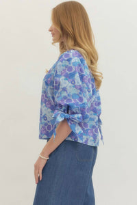entro Poppy Print Tie Blouse in blue - women's blouse - detail view