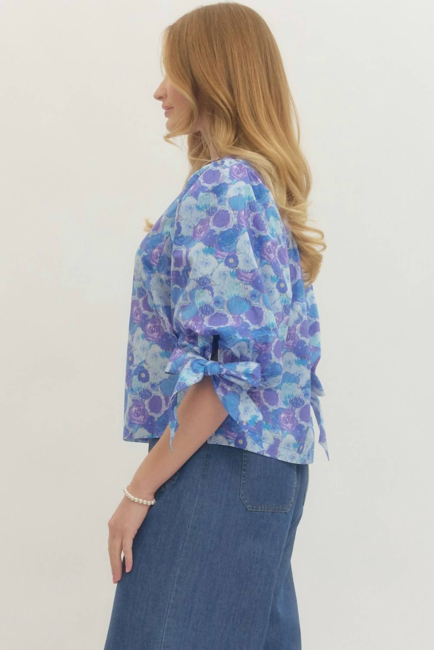 entro Poppy Print Tie Blouse in blue - women's blouse - detail view