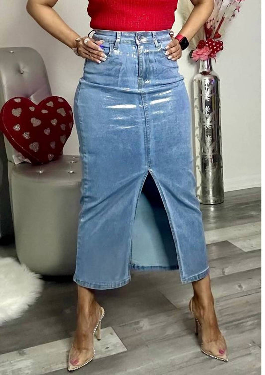 Lizette Collection - Metallic Denim Midi Skirt
