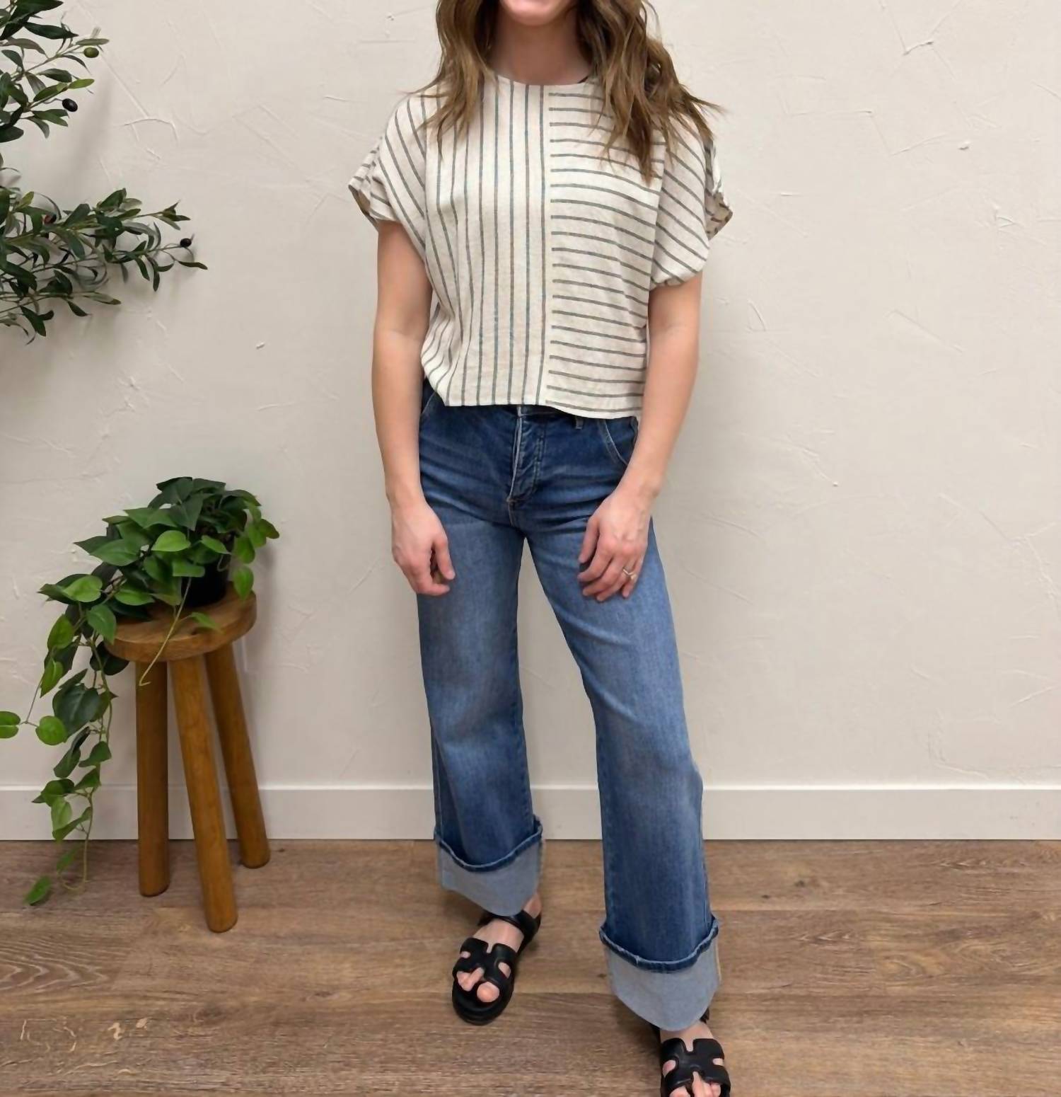 Fun 2 Fun Mixed Stripe Dolman Top in dark natural - women's blouse - alternate view