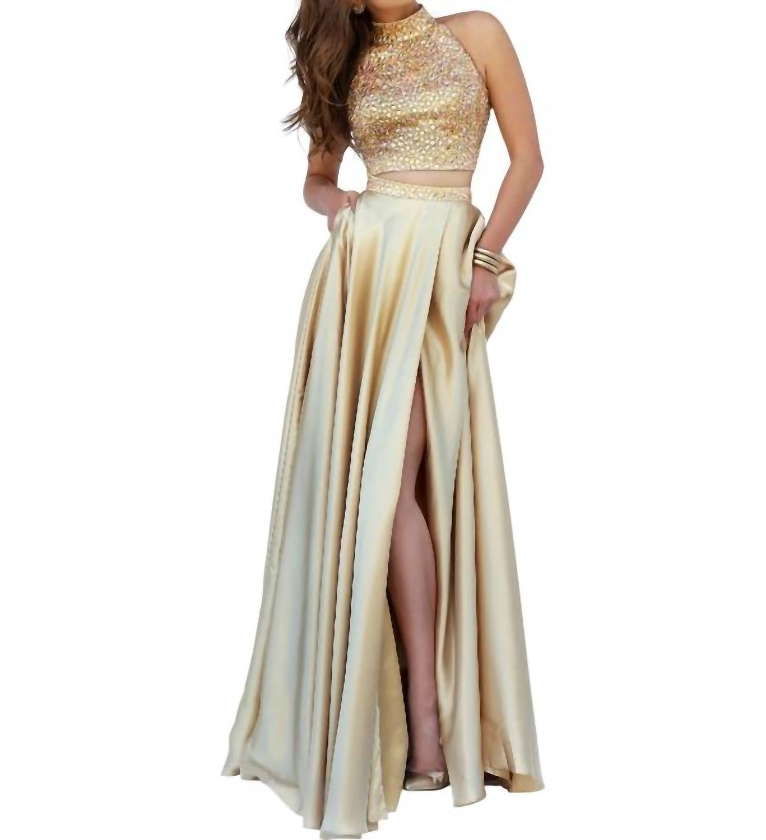 Sherri Hill Two Piece Beaded Halter High Slit Gown in gold - women's dress - detail view