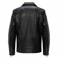 Barocco Men's Studded Collar Trim Moto Jacket in black - men's jacket - detail view