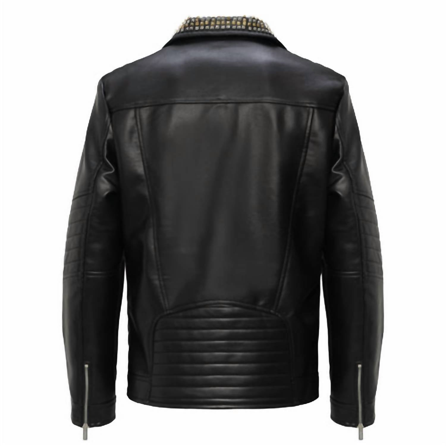 Barocco Men's Studded Collar Trim Moto Jacket in black - men's jacket - detail view