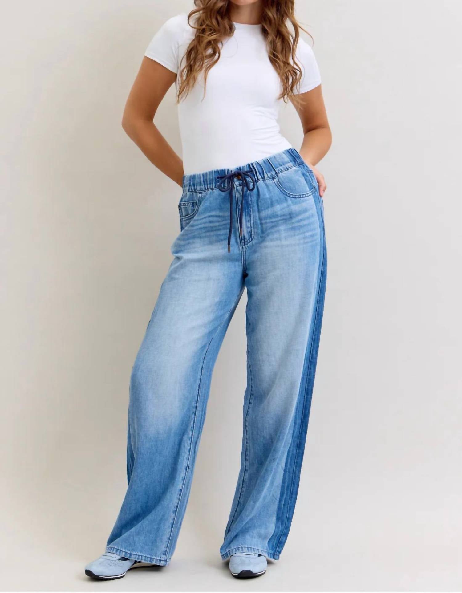 Judy Blue - High Waist Wilhelmina Elastic Waistband Drawstring & Side Panel Denim Jeans