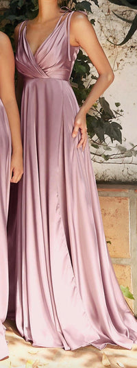 Ladivine Long Satin V-neck Dress in mauve - women's dress - detail view