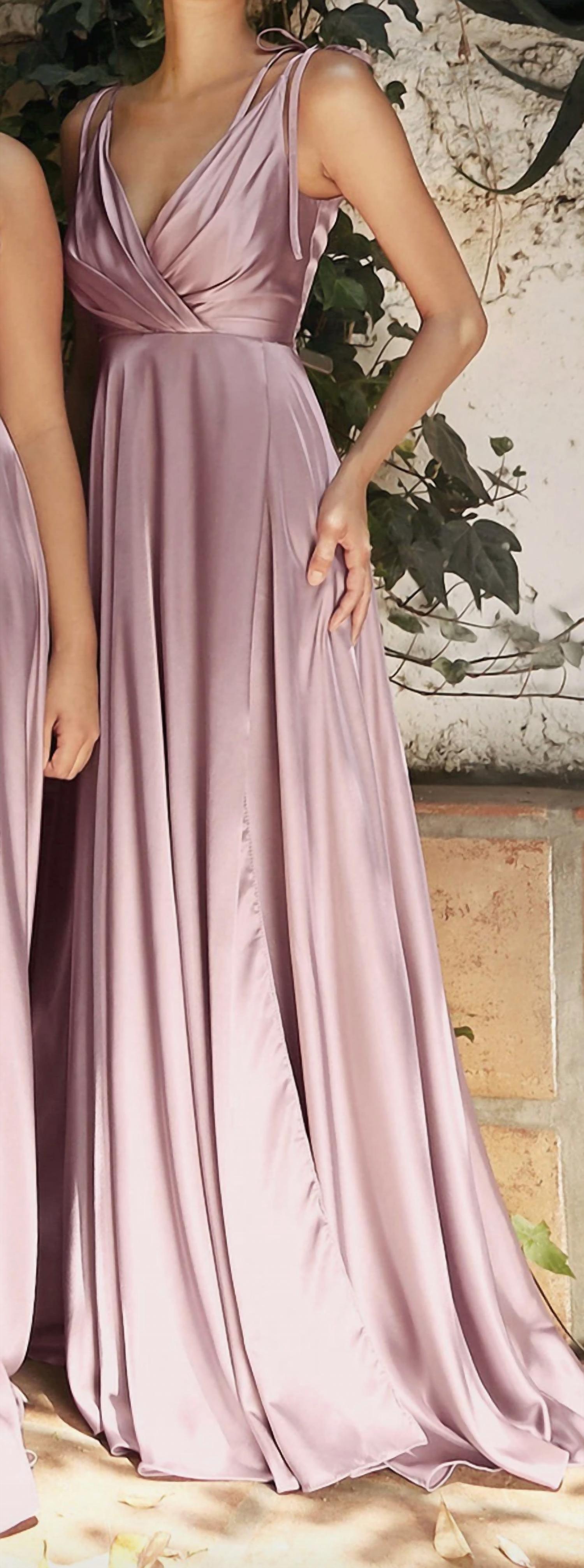 Ladivine Long Satin V-neck Dress in mauve - women's dress - detail view
