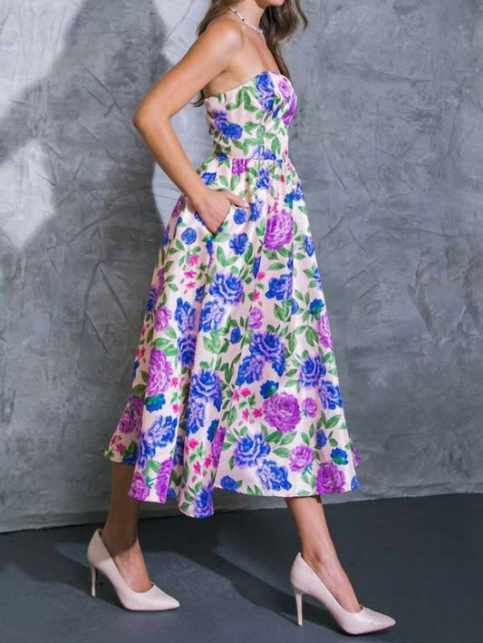 Flying Tomato - Strapless Floral Print Midi Dress