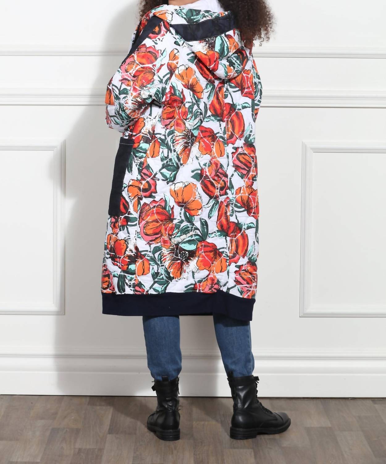 Luxe Moda Floral Hooded Coat in denim black - women's jacket - alternate view