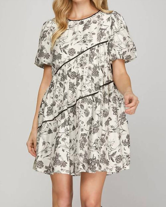 She + Sky - Puff Sleeve Tiered Print Dress