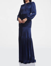 DRESS THE POPULATION Lucille Pleated Ruched Long Sleeve Gown in midnight blue - women's dress - detail view