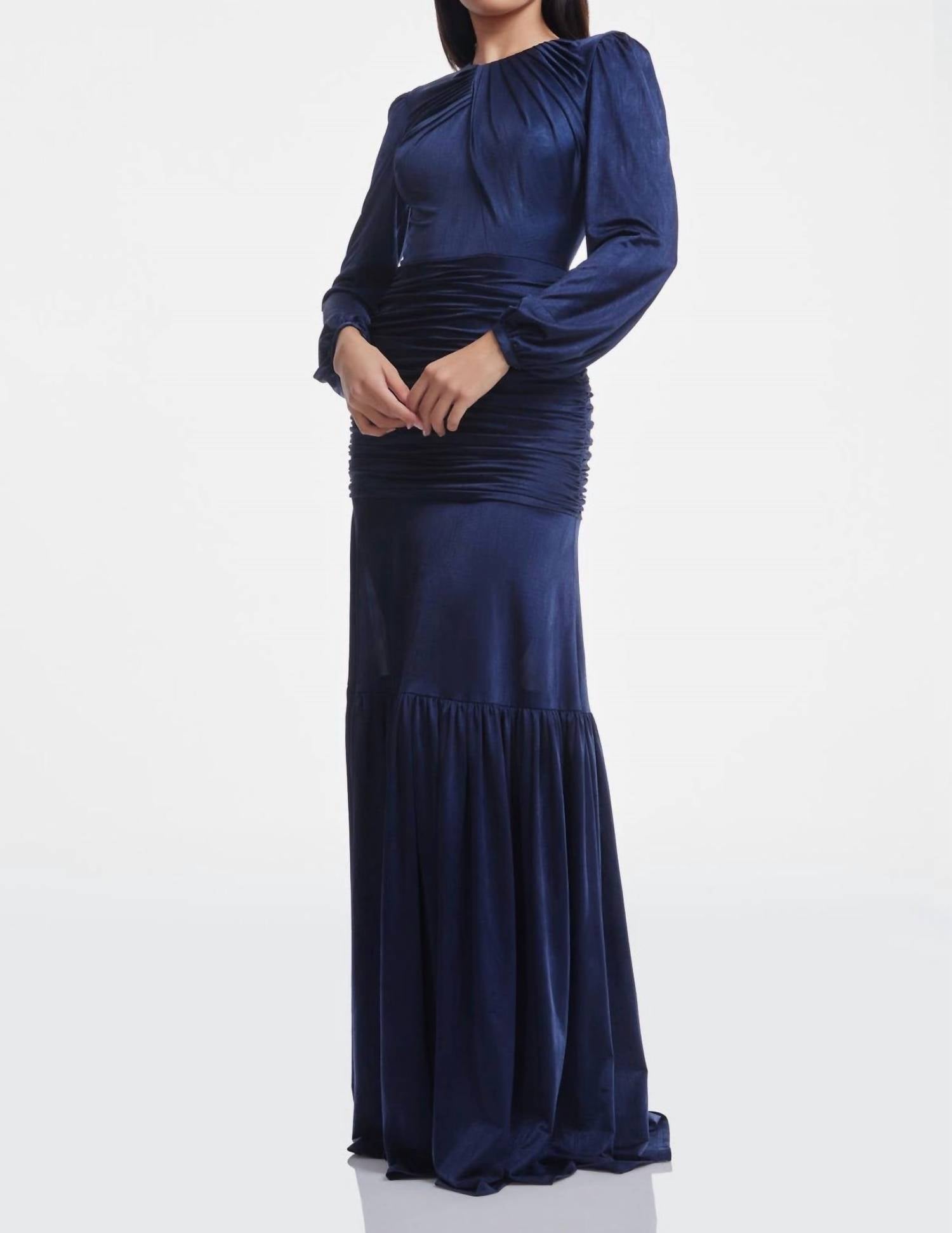 DRESS THE POPULATION Lucille Pleated Ruched Long Sleeve Gown in midnight blue - women's dress - detail view