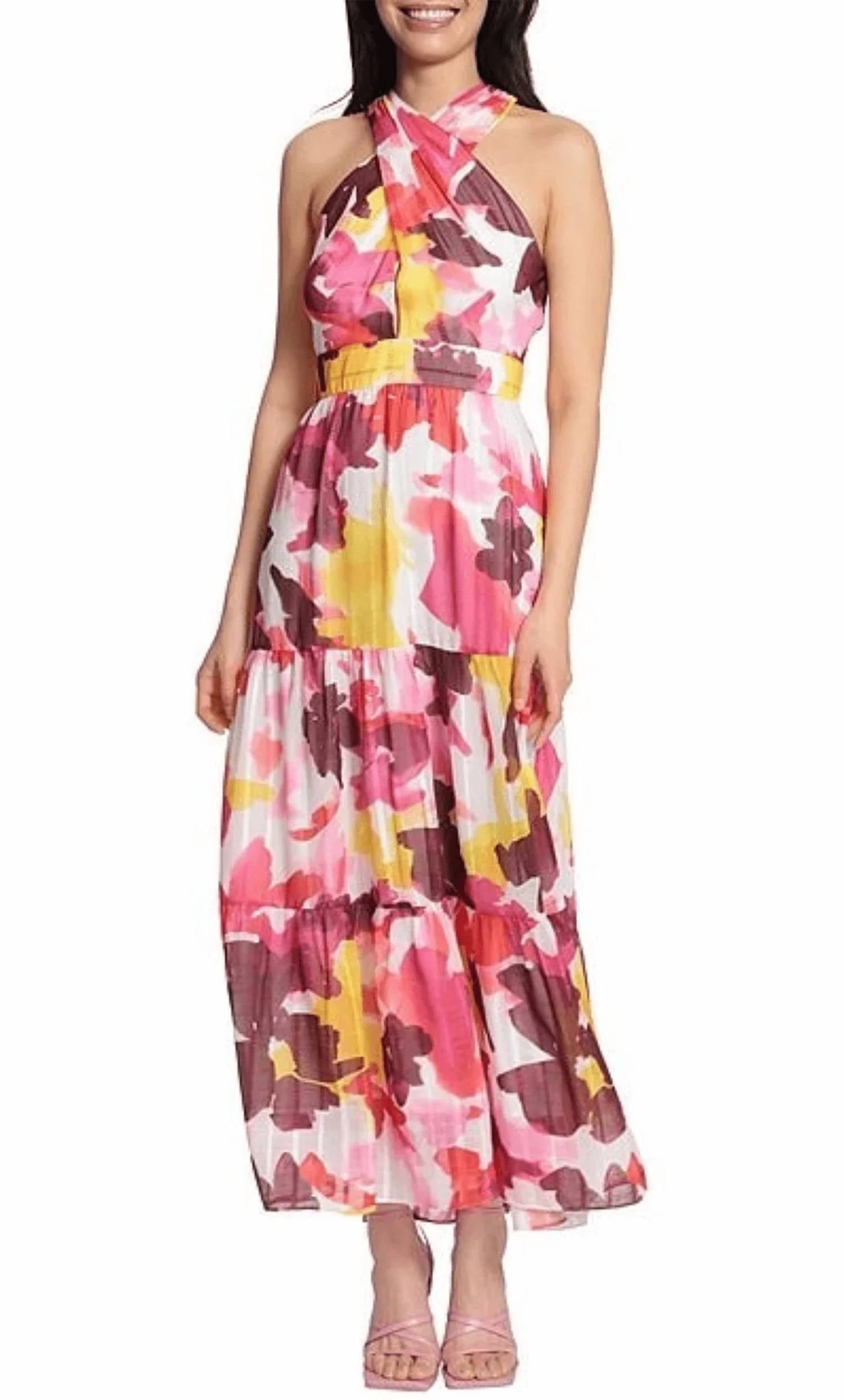 Maggy London - Sleeveless Criss Cross Halter Neck Tiered Maxi Dress