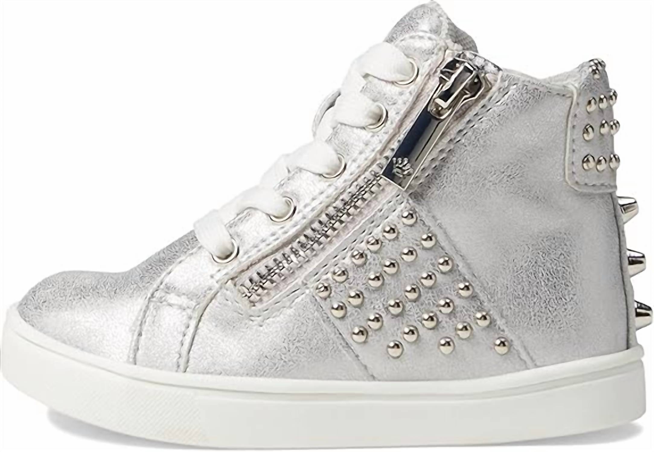 Nina Girls Ivette High Top Sneakers in silver distressed metallic - kids' sneaker - detail view