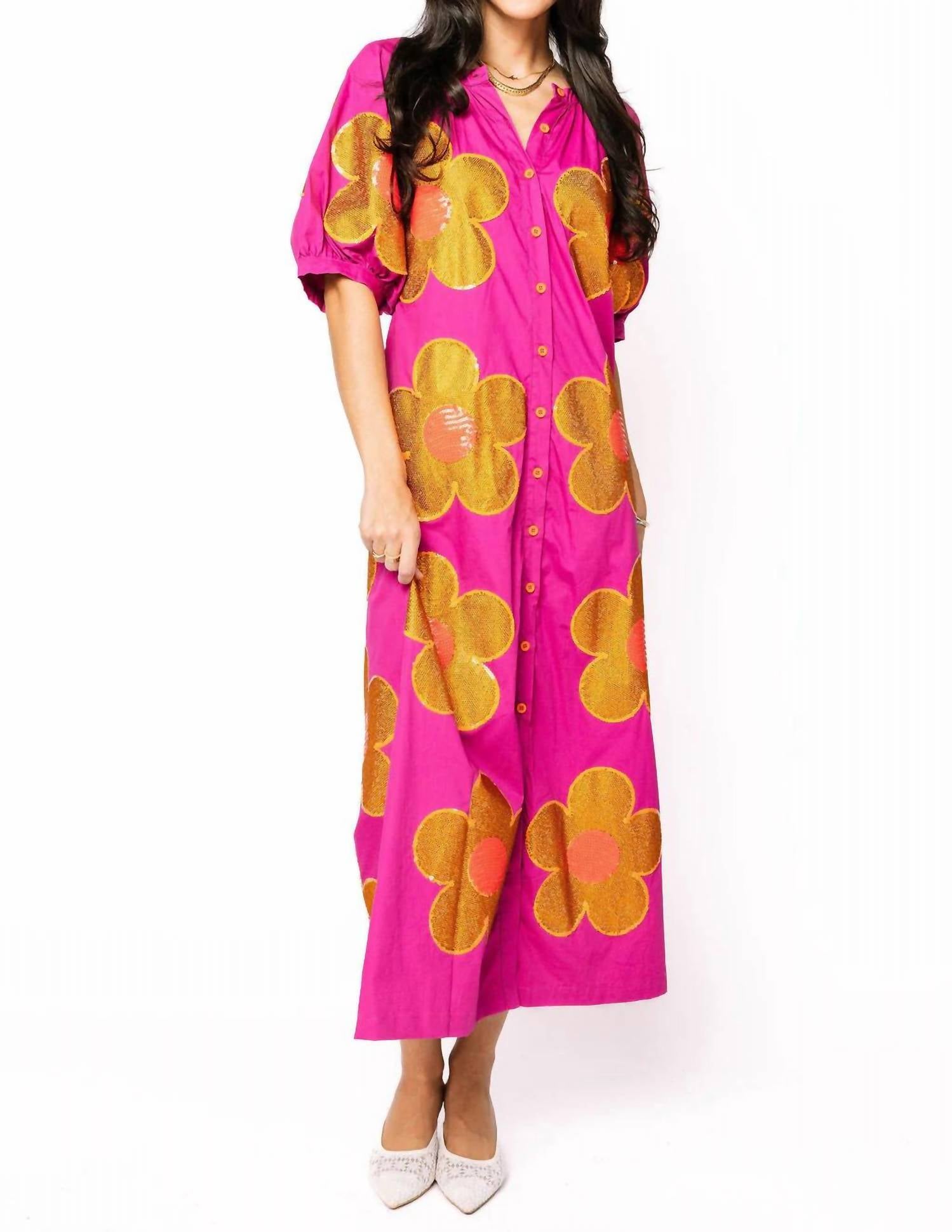Queen Of Sparkles - Oversized Flower Button Up Maxi Dress