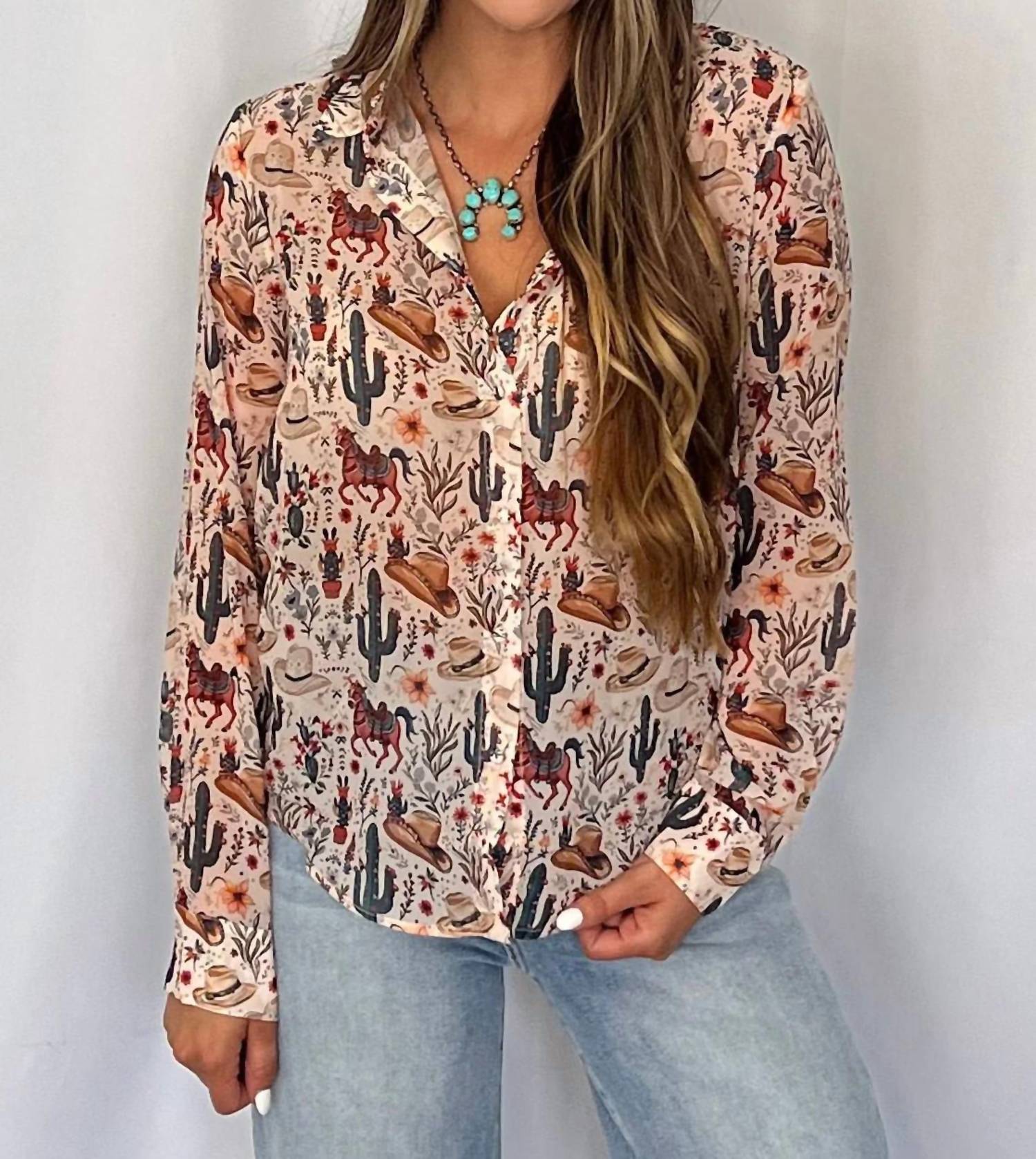 Blue B - Painted Desert Western Chiffon Button-up Blouse