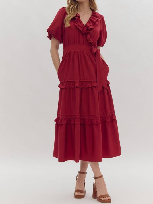 Entro - Faux Wrap Short Puff Sleeve Ruffle Detail Midi Dress