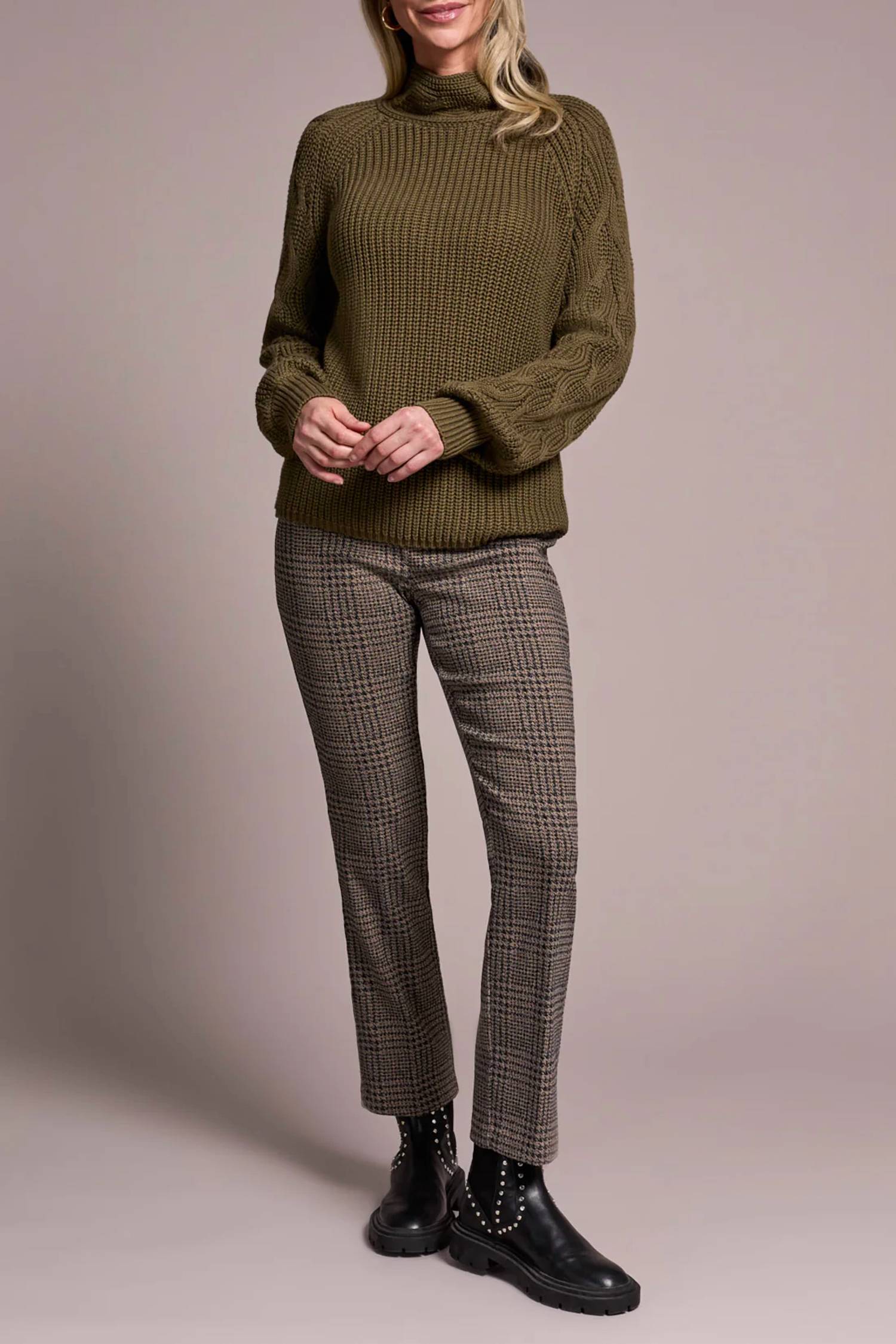 TRIBAL Long Sleeve Cable Mock Neck Sweater in ivy - women's sweater