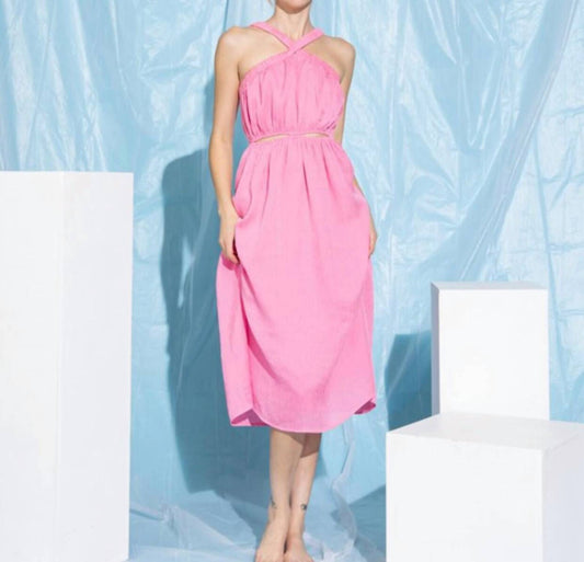 Lena - Textured Solid Cutout Midi Dress