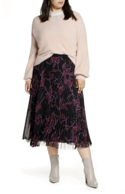 Halogen - Floral Pleated Elastic Waist Pleated Chiffon Midi Skirt